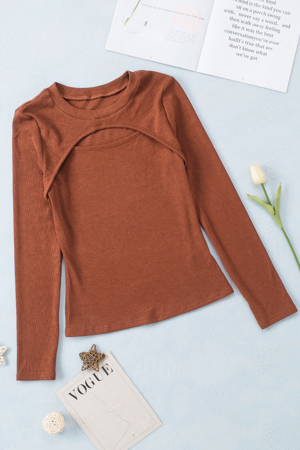 Ribbed Peekaboo Cutout Long Sleeve Top | Brown