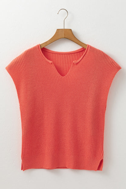 Solid Textured Knitted Notch V Neck Sweater T Shirt | Flamingo