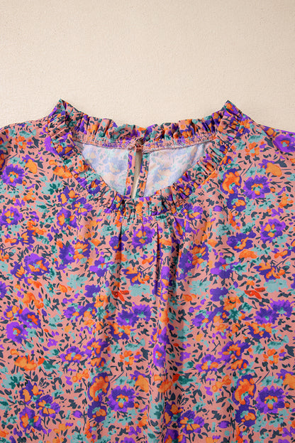 Floral Allover Print Shirred Cuff Frilled O Neck Blouse | Purple