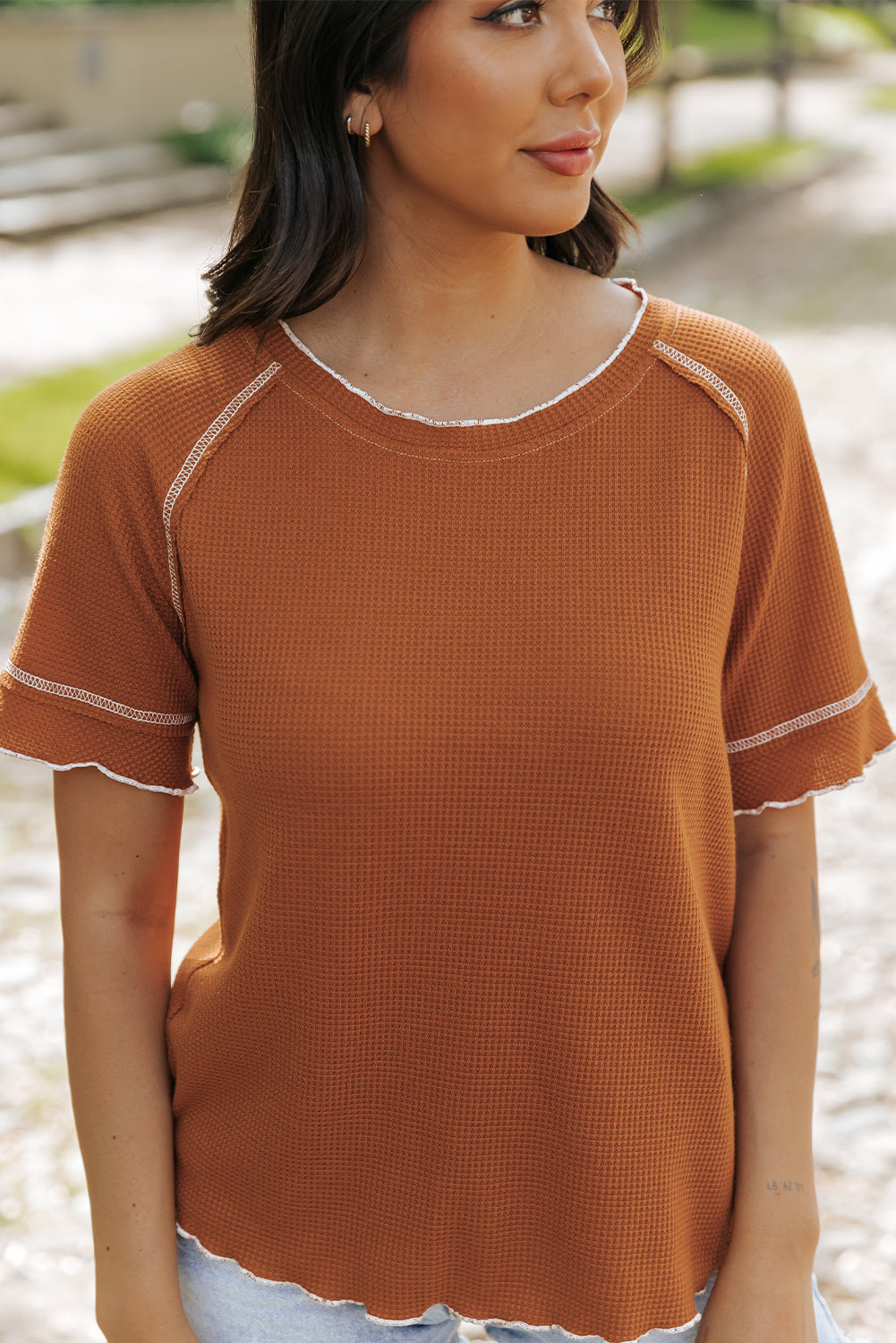 Contrast Seam Frilly Edge Waffle Knit T-Shirt | Chestnut