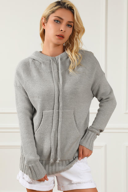 Cowl Neck Drawstring Pullover Hooded Sweater | Gray