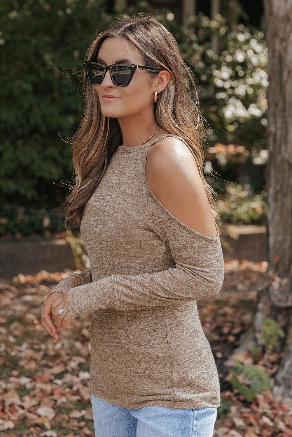 Marble Knit Cold Shoulder Long Sleeve Top | Khaki