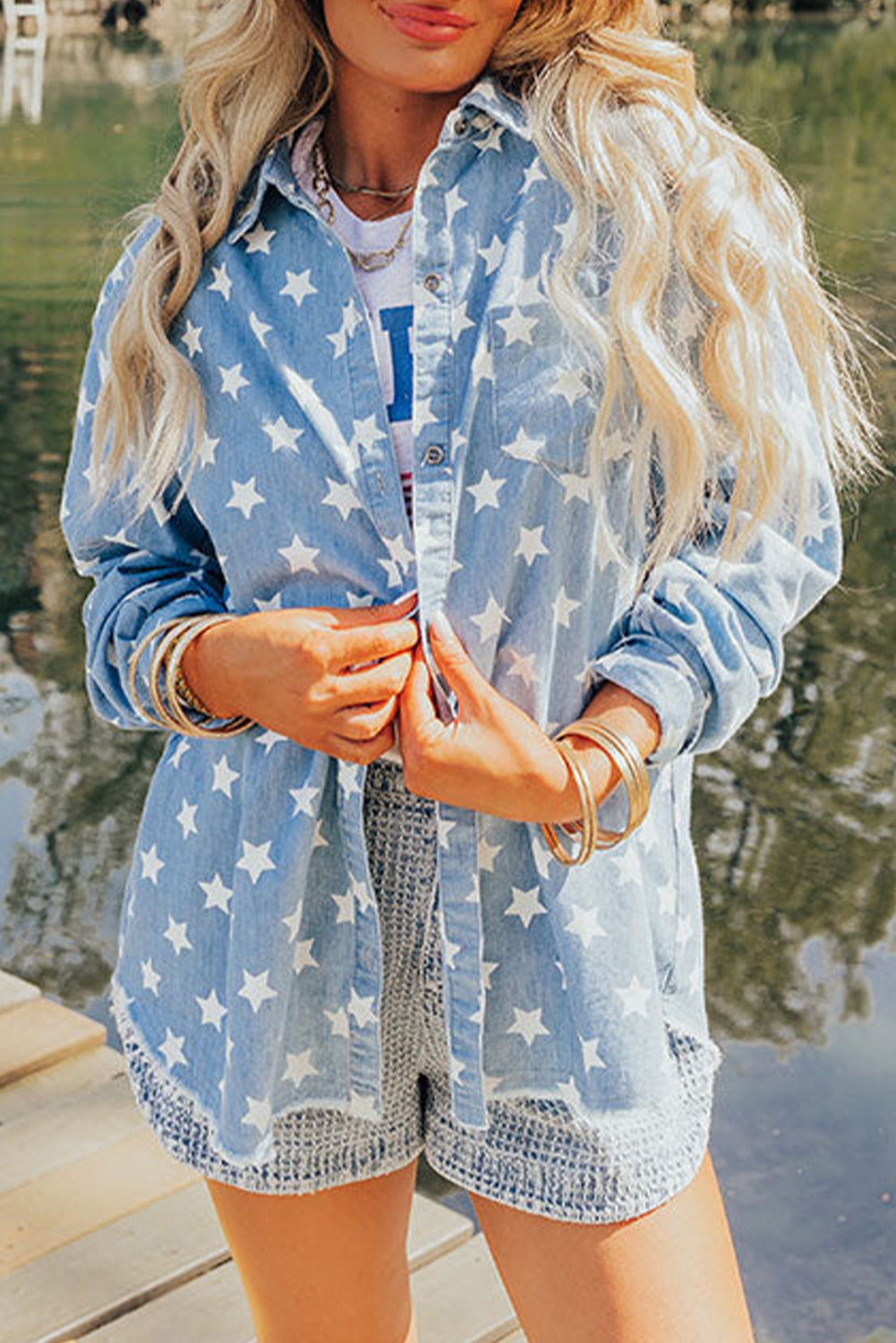 Star Print Light Wash Raw Hem Denim Jacket | Sky Blue