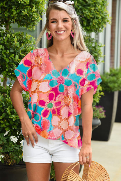 Abstract Print V Neck Dolman Blouse | Pink