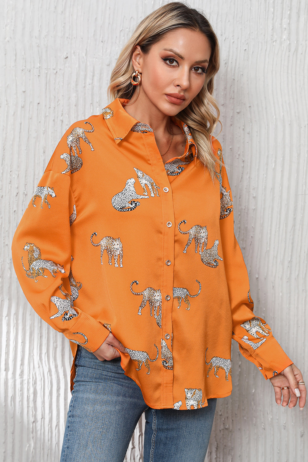 Cheetah Animal Print Button Up Satin Shirt | Russet Orange