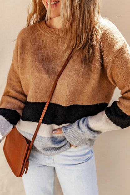 Colour Block Striped Ribbed Knit Sweater | Brown