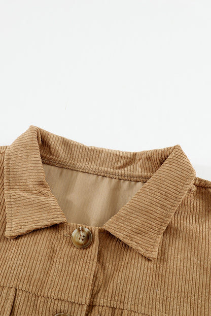 Ribbed Corduroy Long Sleeve Jacket With Pocket | Khaki