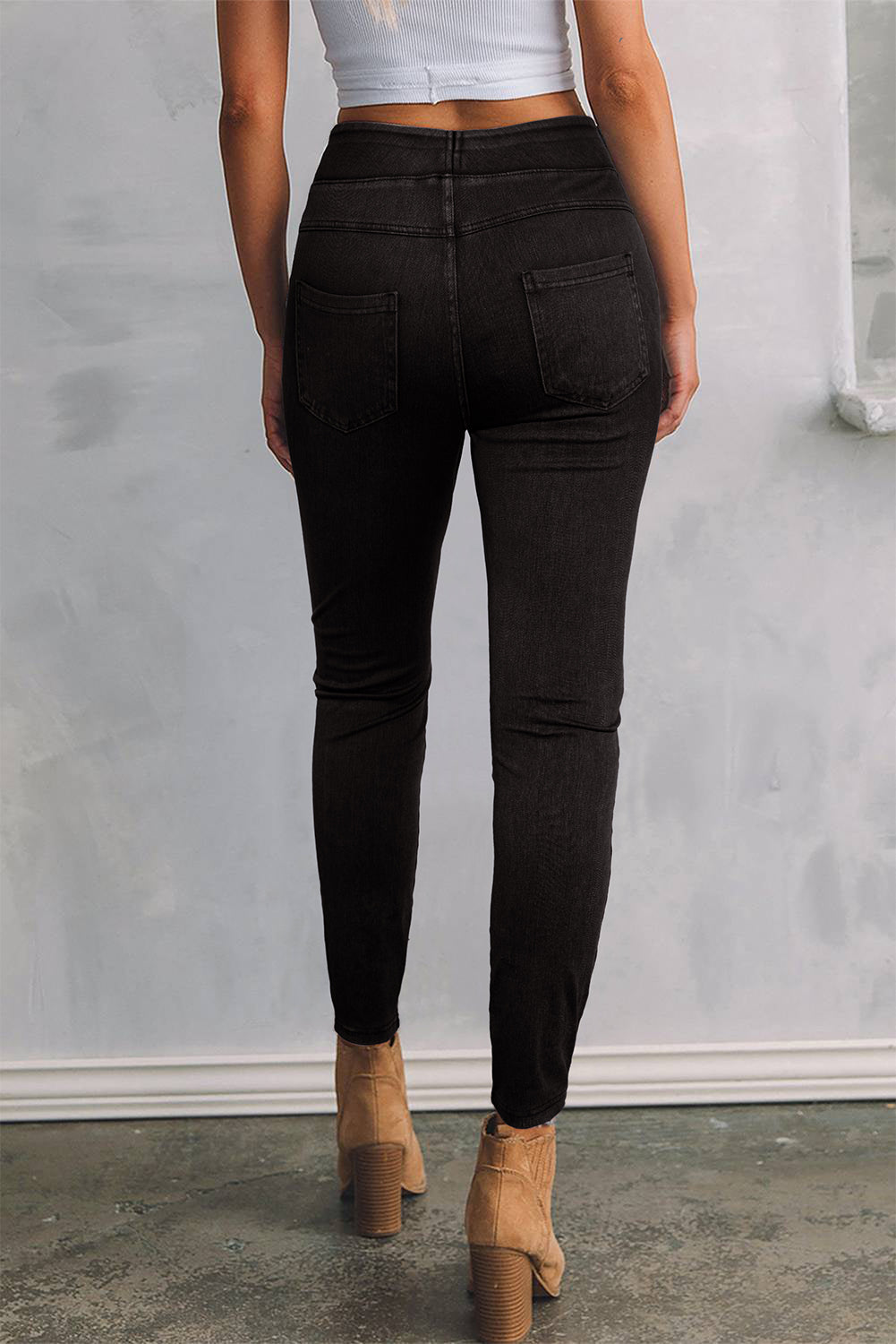 Solid Colour High Waist Stretchy Slim Fit Jeggings | Black