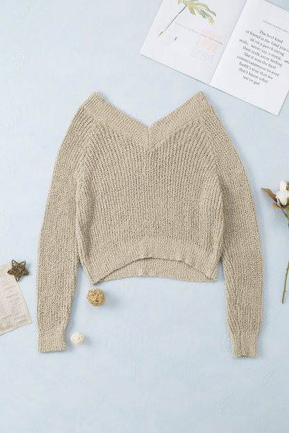 Cropped V Neck Fuzzy Sweater | Apricot