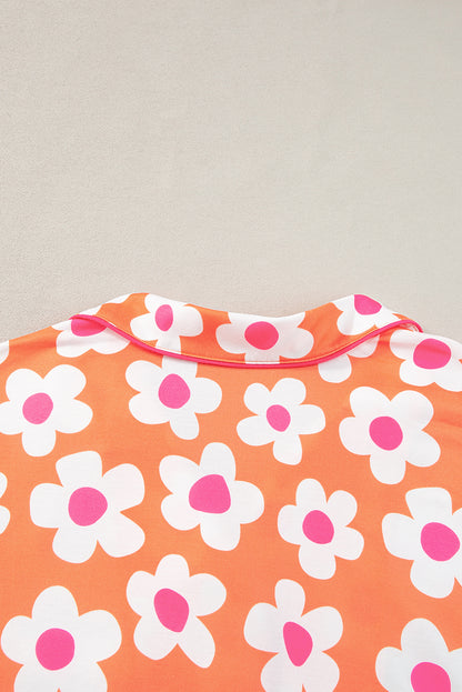 Flower Print Short Sleeve Shirt Pajamas Set | Orange