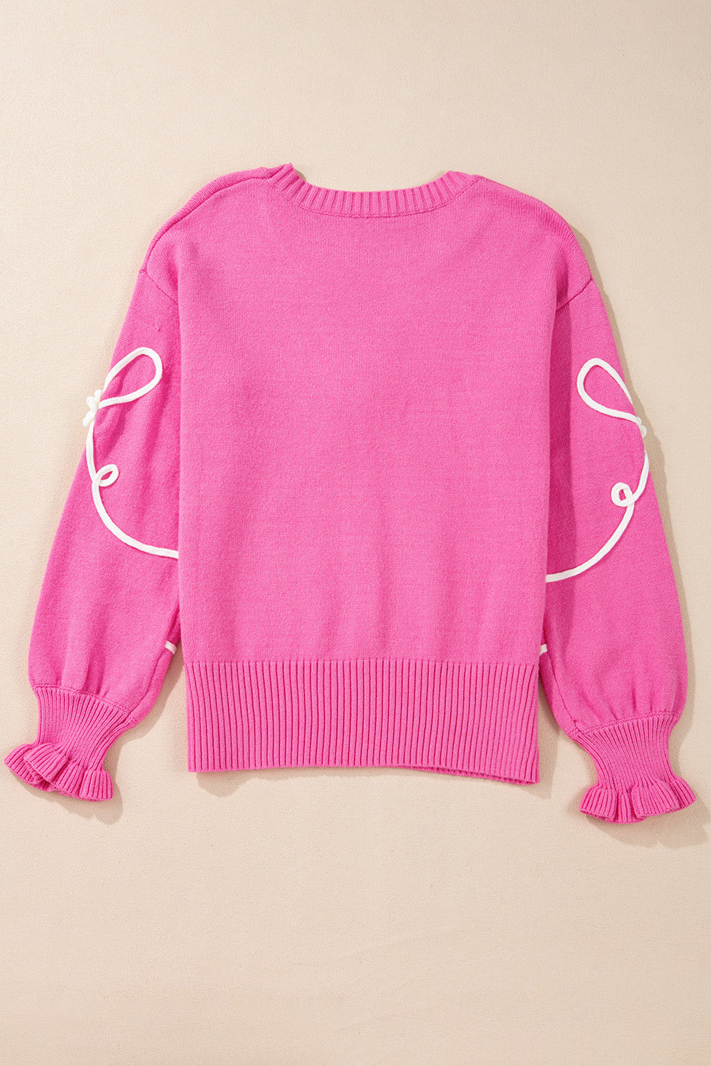 Corded Flower Bow Ribbed Trim Casual Sweater | Bright Pink