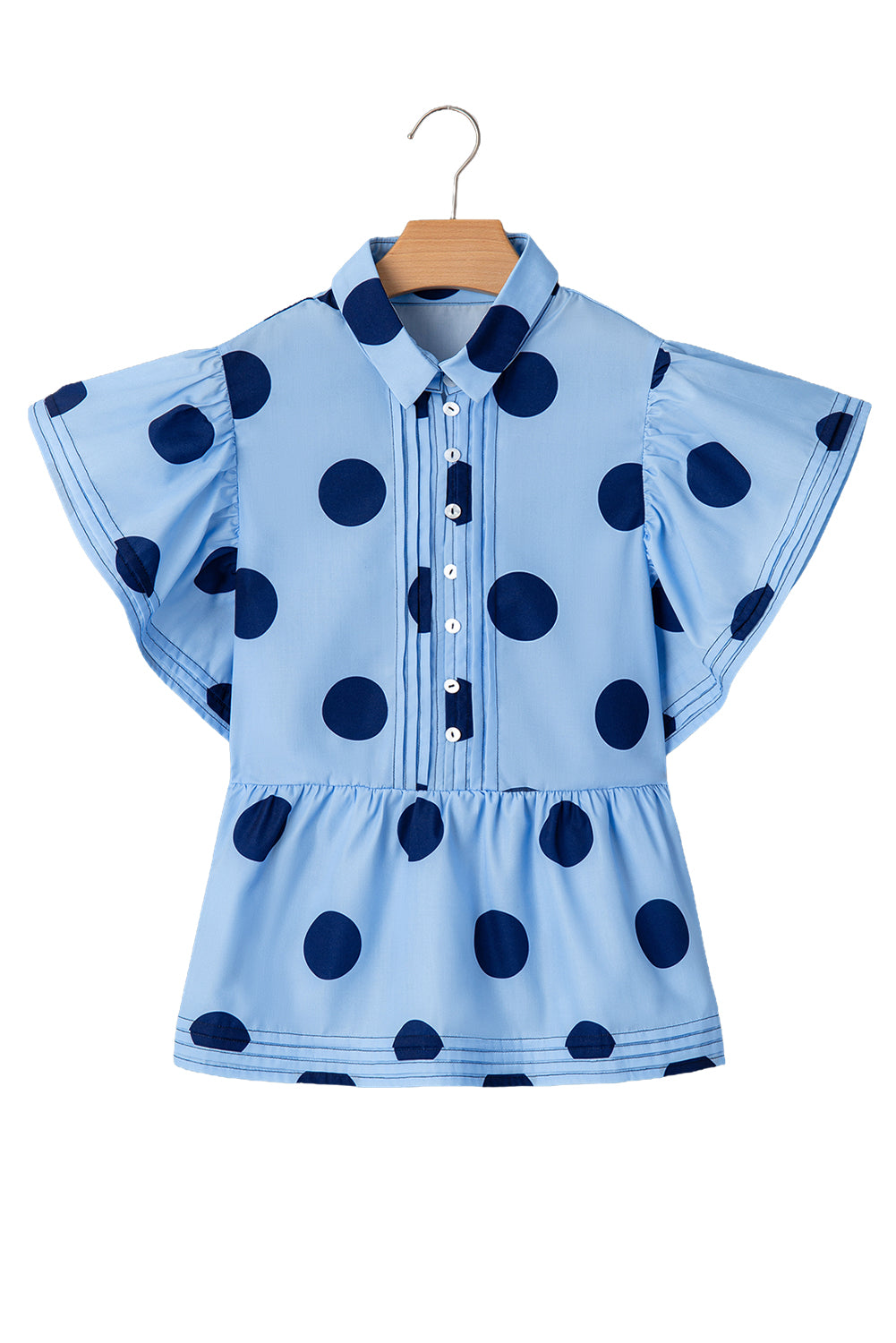 Polka Dot Print Ruffled Short Sleeve Buttoned Collared Blouse | Sky Blue