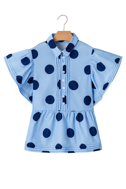 Polka Dot Print Ruffled Short Sleeve Buttoned Collared Blouse | Sky Blue