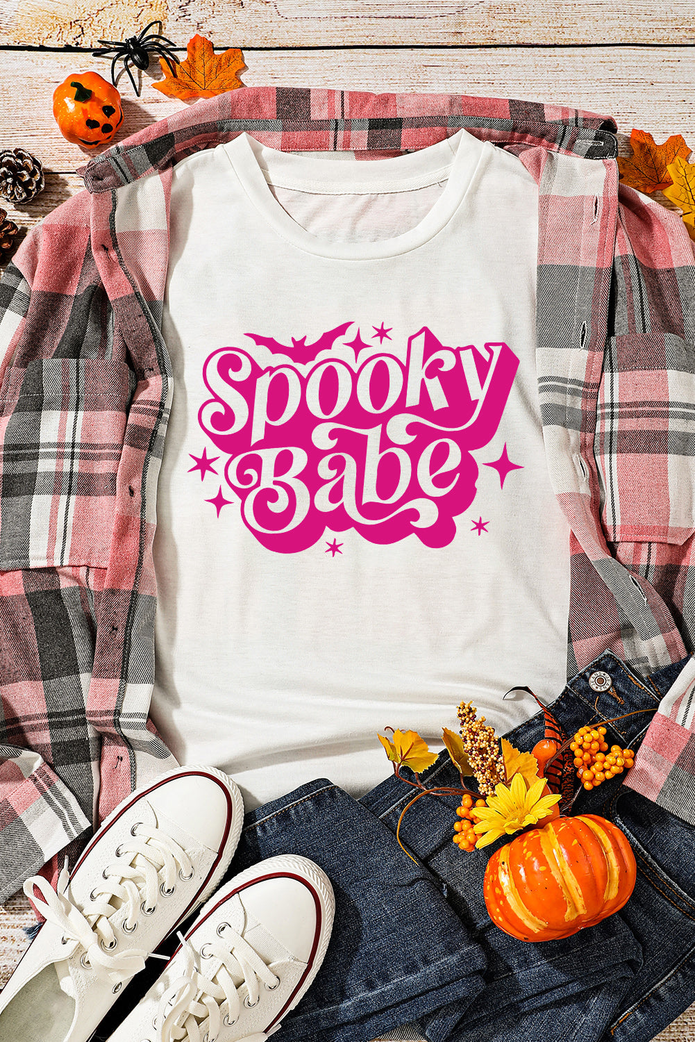 Spooky Babe Bat Print Halloween Crewneck T Shirt | White