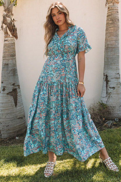 Paisley Print Boho Holiday Ruffle Tiered Maxi Dress | Sky Blue