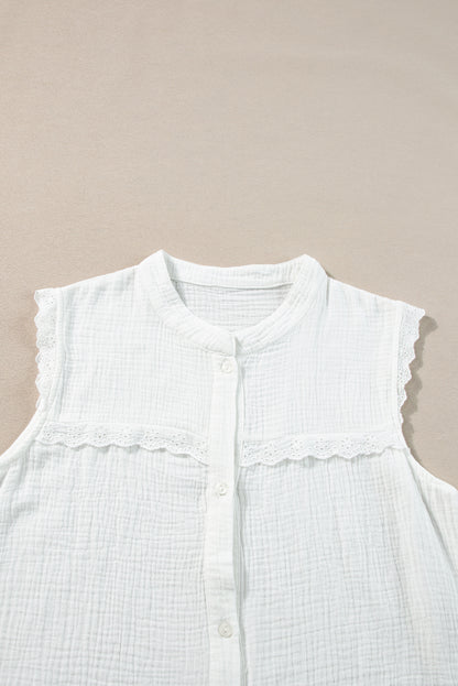 Lace Trim Crinkle Knot Hem Sleeveless Shirt | White