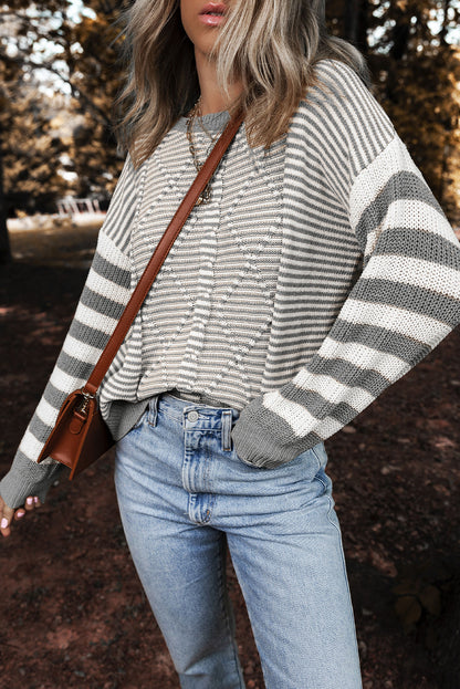 Geometric Textured Drop Shoulder Sweater | Gray Stripe