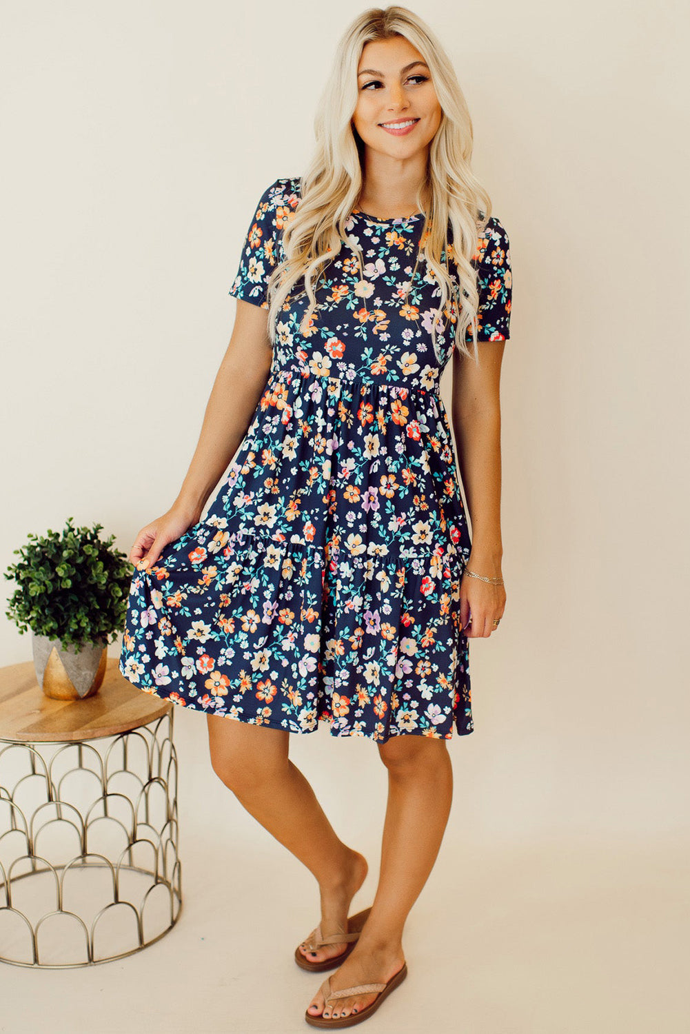 Short Sleeve A-Line Floral Dress | Blue