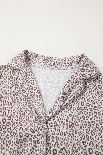 Leopard Print Long Sleeve And Pants Pajamas Set | White