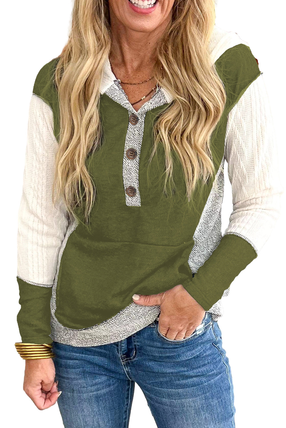 Colour Block Textured Buttoned Kangaroo Pocket Hoodie | Jungle Green