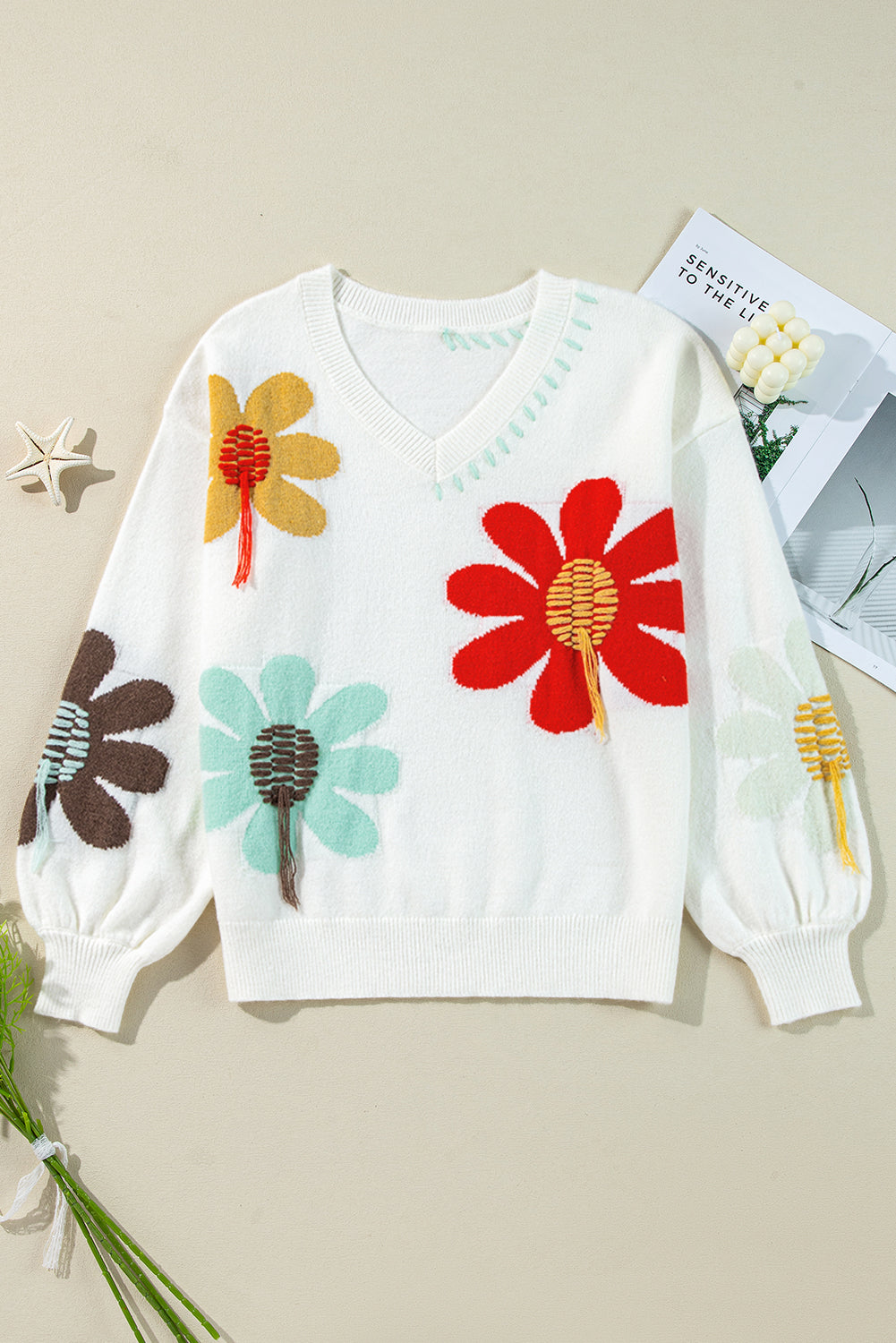 Big Flower Pattern V Neck Drop Shoulder Sweater | White