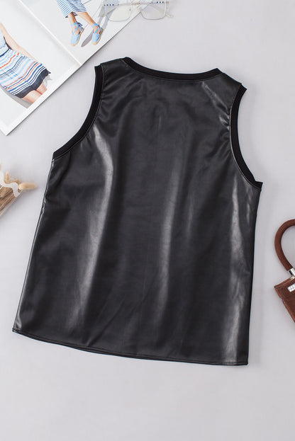 Faux Leather Crew Neck Tank Top | Black