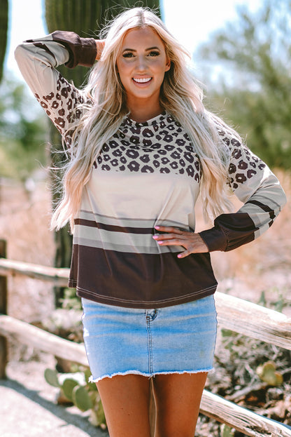 Leopard Colour Block Crewneck Long Sleeve Top | Brown