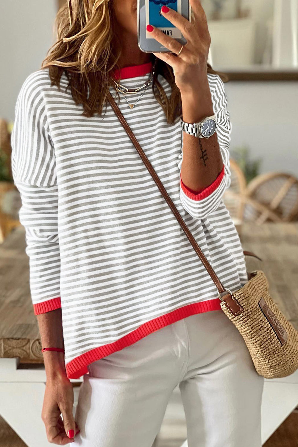 Contrast Trimmed Striped Drop Shoulder Sweater | Gray