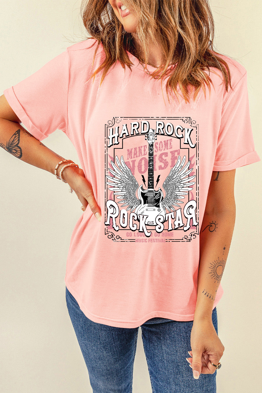 Hard Rock Guitar Print Crew Neck T Shirt | Pink