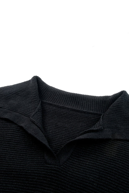 Ribbed Knit Lapel Neck Curvy Sweater | Black