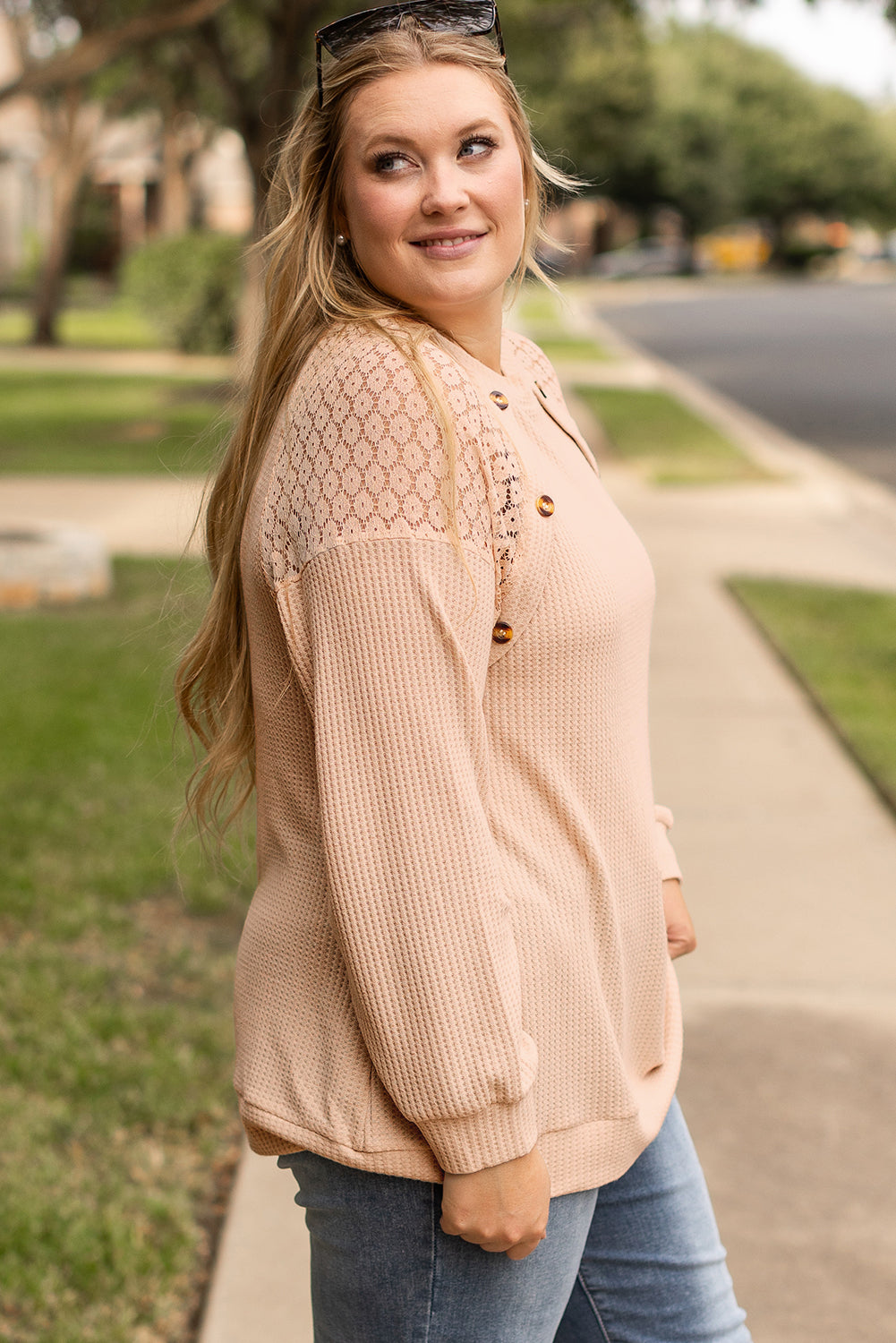 Plus Size Lace Patchwork Buttons Waffle Knit Top | Beige