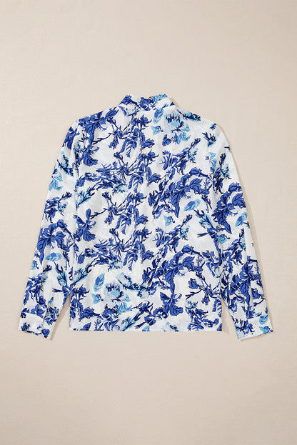 Floral Print Notched Neck Elegant Blouse | Sky Blue