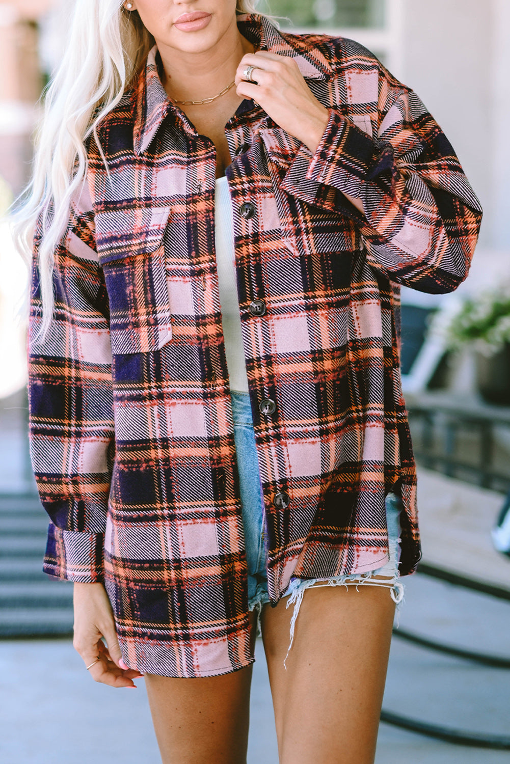 Oversized Flap Pockets Plaid Shacket With Slits | Blue