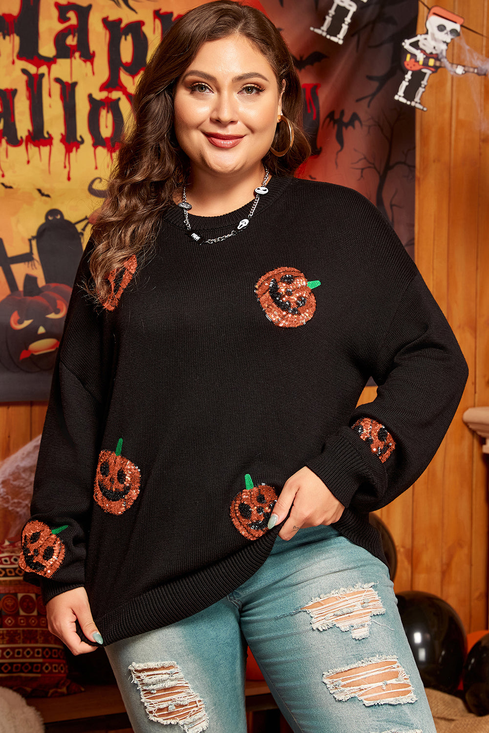 Black Plus Size Halloween Sequined Pumpkin Pattern Sweater