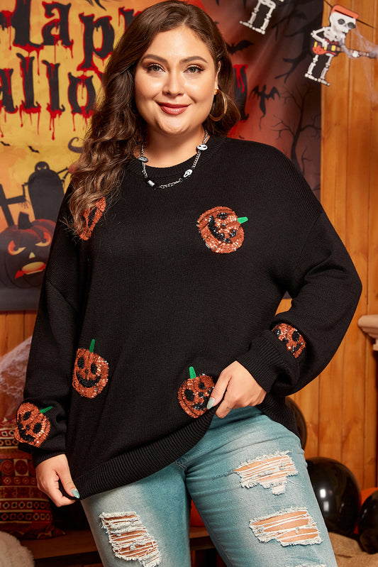 Black Plus Size Halloween Sequined Pumpkin Pattern Sweater