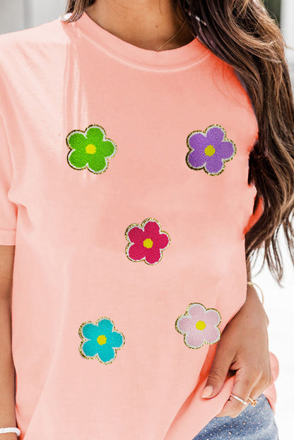 Glittering Chenille Flower Patched Pattern Crewneck T Shirt | Pink