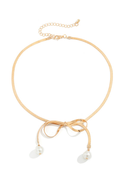 Pearly Bow Plated Collarbone Necklace | Gold