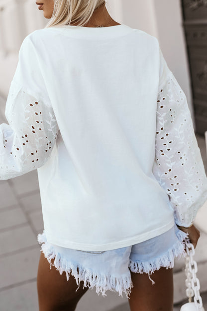 V-Neck Embroidered Patchwork Puff Sleeve Blouse | White