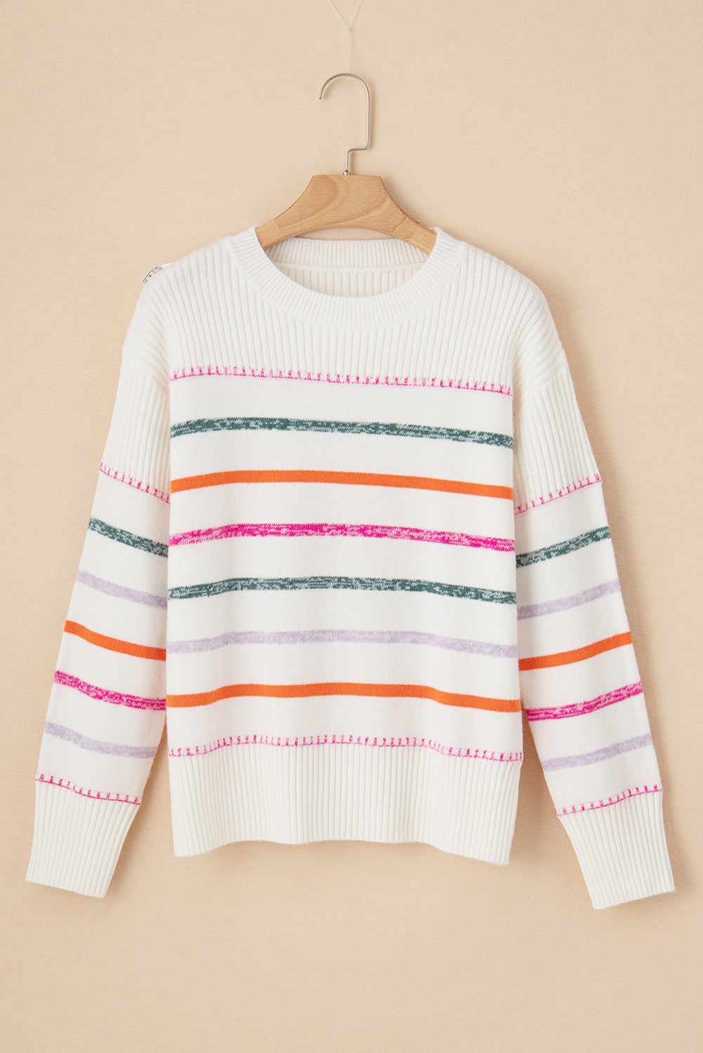 Colourful Striped Ribbed Trim Sweater | White