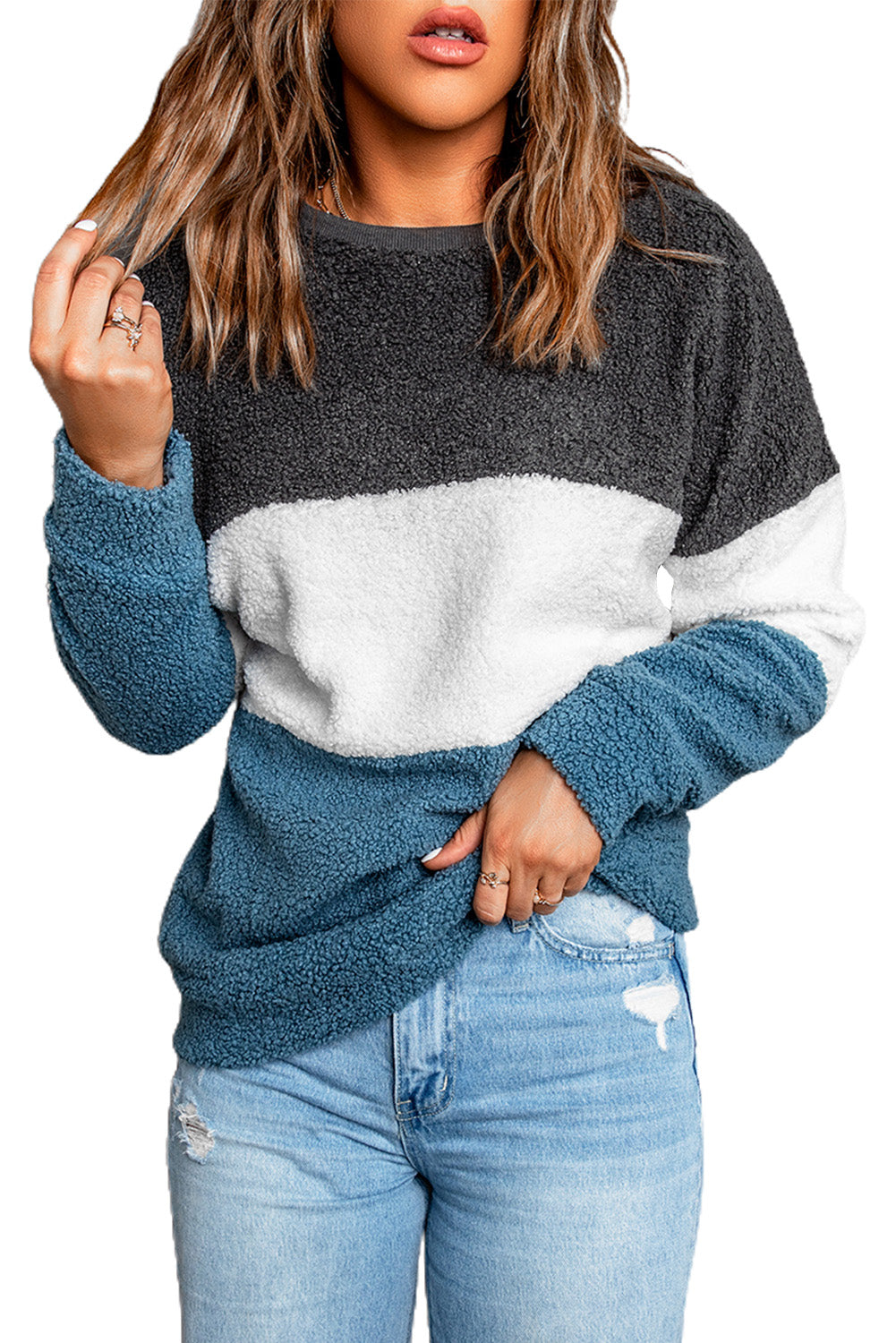 Oversized Colourblock Plush Sweatshirt | Gray