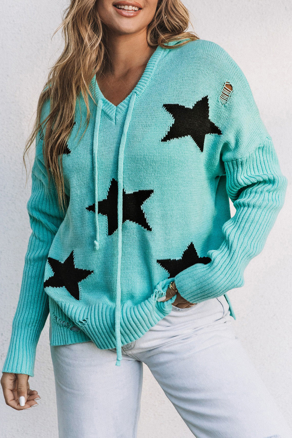 V Neck Star Pattern Hooded Sweater With Slits | Green