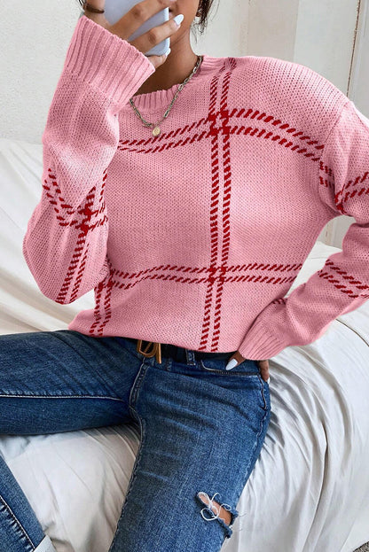 Plaid Pattern Knitted Drop Shoulder Sweater | Pink