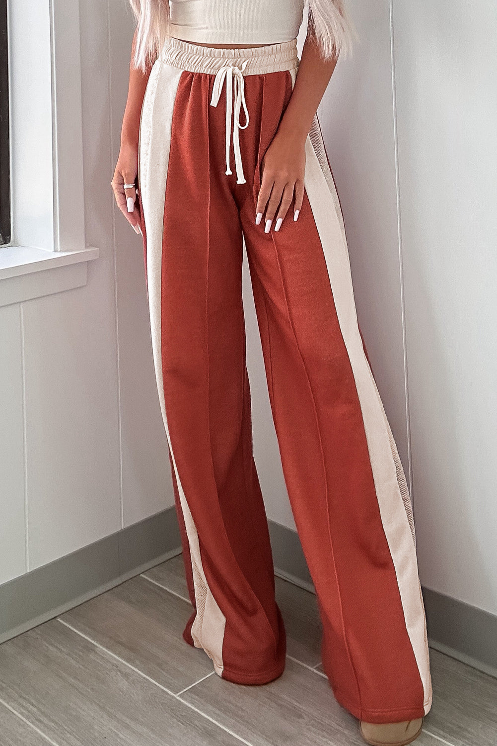 Colour Block Drawstring High Waist Wide Leg Pants | Flamingo