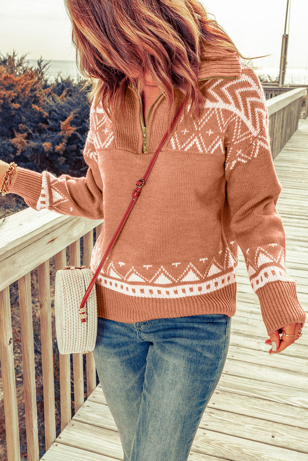 Geometry Knit Quarter Zip Sweater | Pink