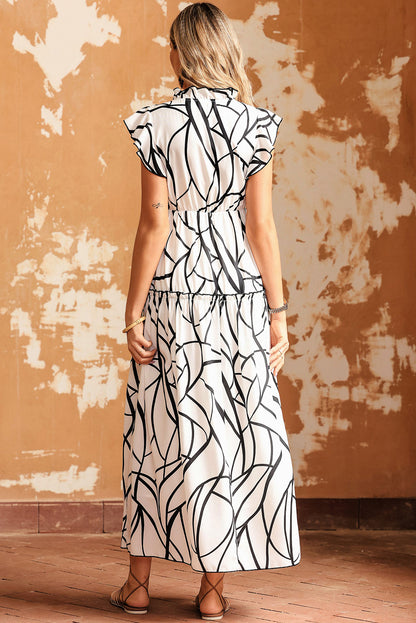 Abstract Vein Print V Neck Ruffle Maxi Dress | White