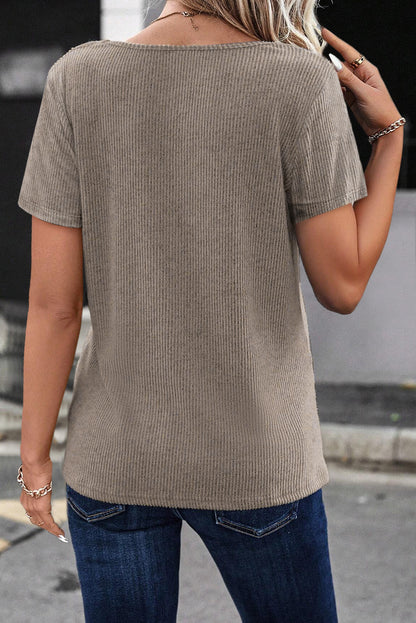 Ribbed Buttoned Strappy V Neck Tee | Pale Khaki