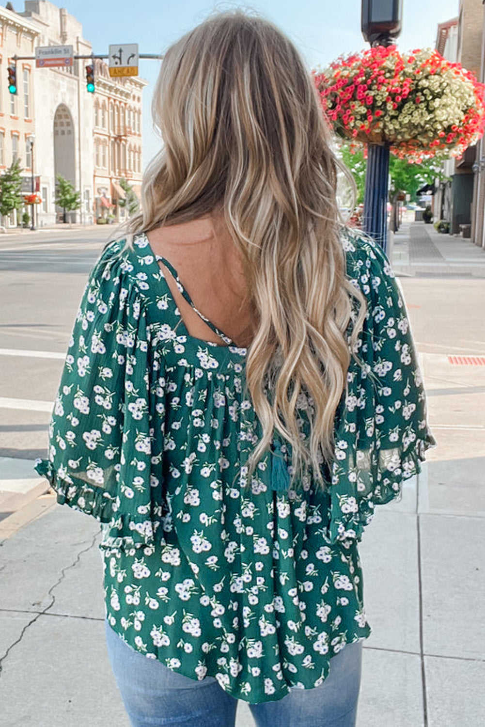 Floral Print Square Neck Ruffled Trim Plus Size Blouse | Green