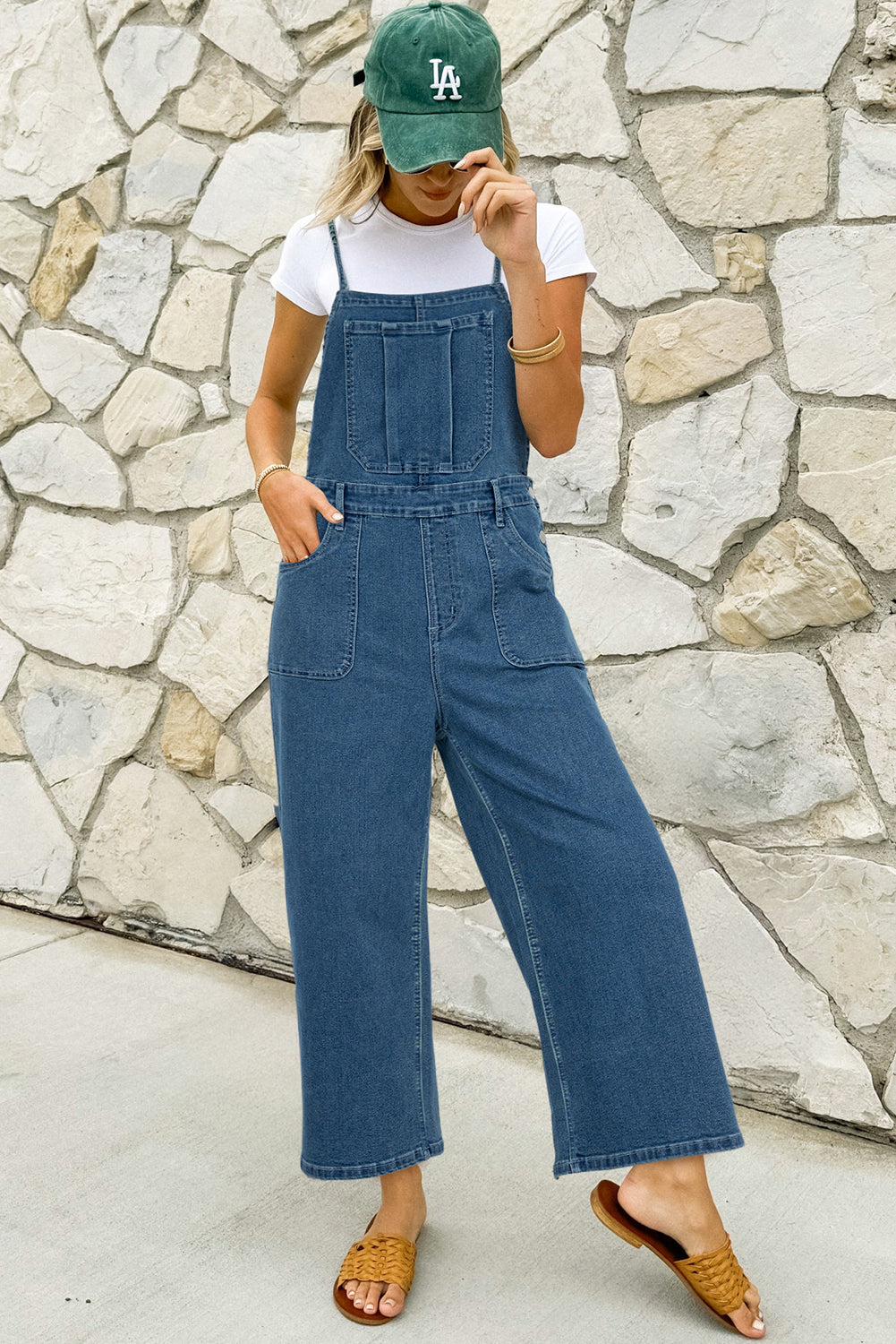 Adjustable Tie Straps Cropped Wide Leg Denim Overalls | Dusk Blue