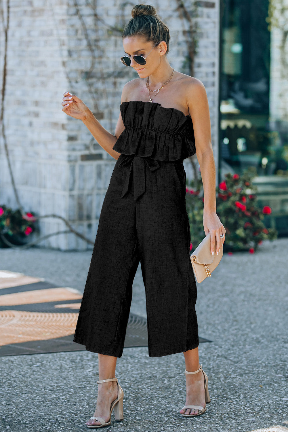 Ruffled Strapless Wide Leg Jumpsuit | Black