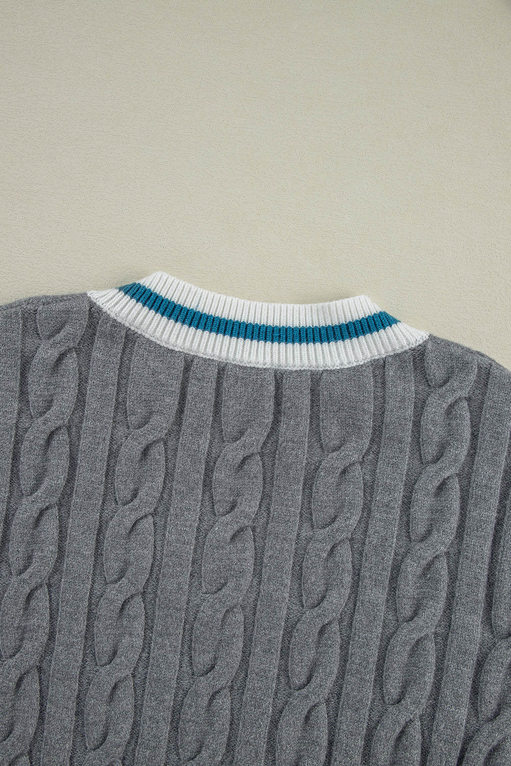 Colour Contrast Ribbed Edge Cable Knit V Neck Sweater | Medium Grey